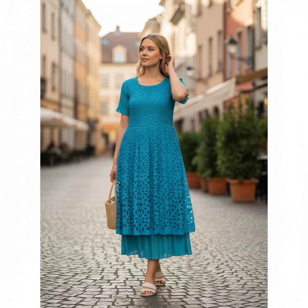 GRAND pleated shift dress women OS turquoise blue laser cut plisse short sleeve